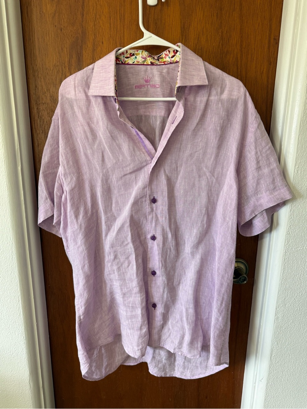 Bertigo Purple Lavender Short Sleeve Linen Shirt Floral Collar Large